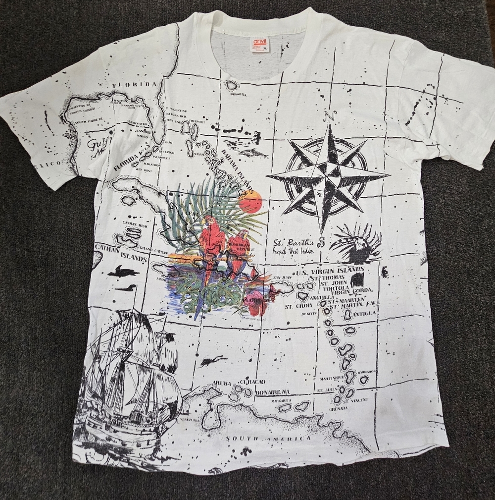 Vintage Anvil White Graphic Nautical Caribbean Map AOP T-Shirt Men's XL -USA